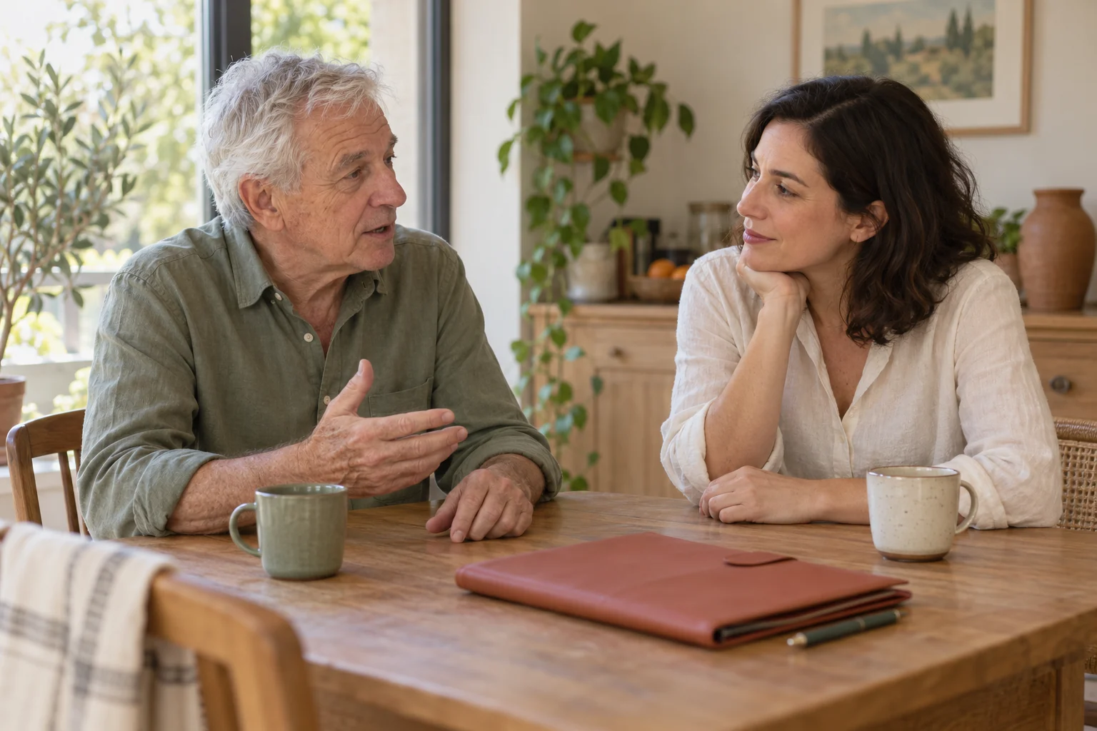 A grey-haired man and a woman talk at a table beside a closed folder.