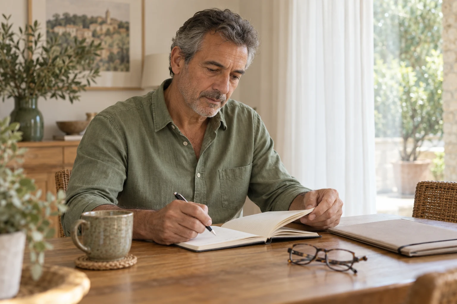 A man prepares notes in a notebook before an appointment.