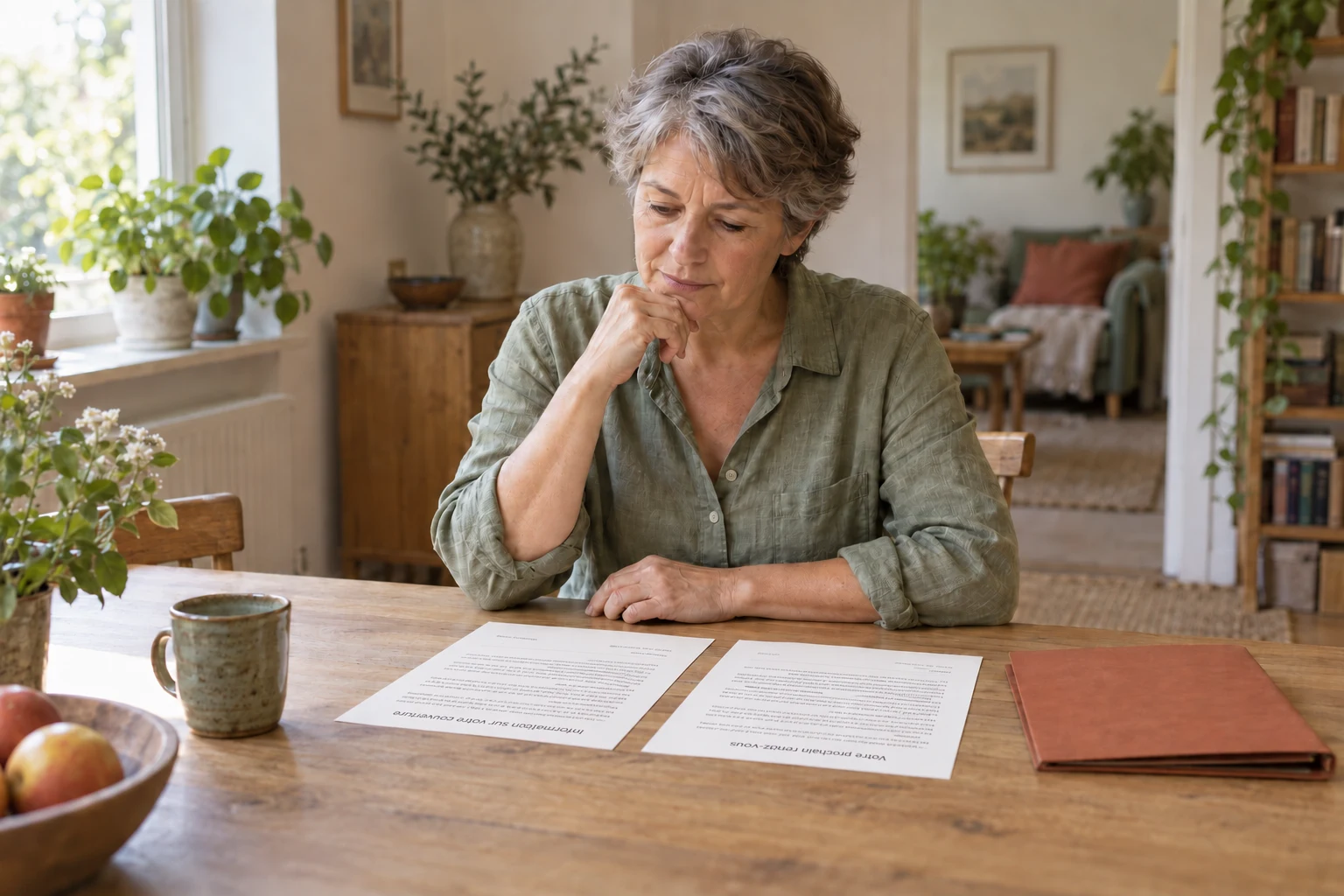 A woman seated at a table looks at papers beside a document folder.
