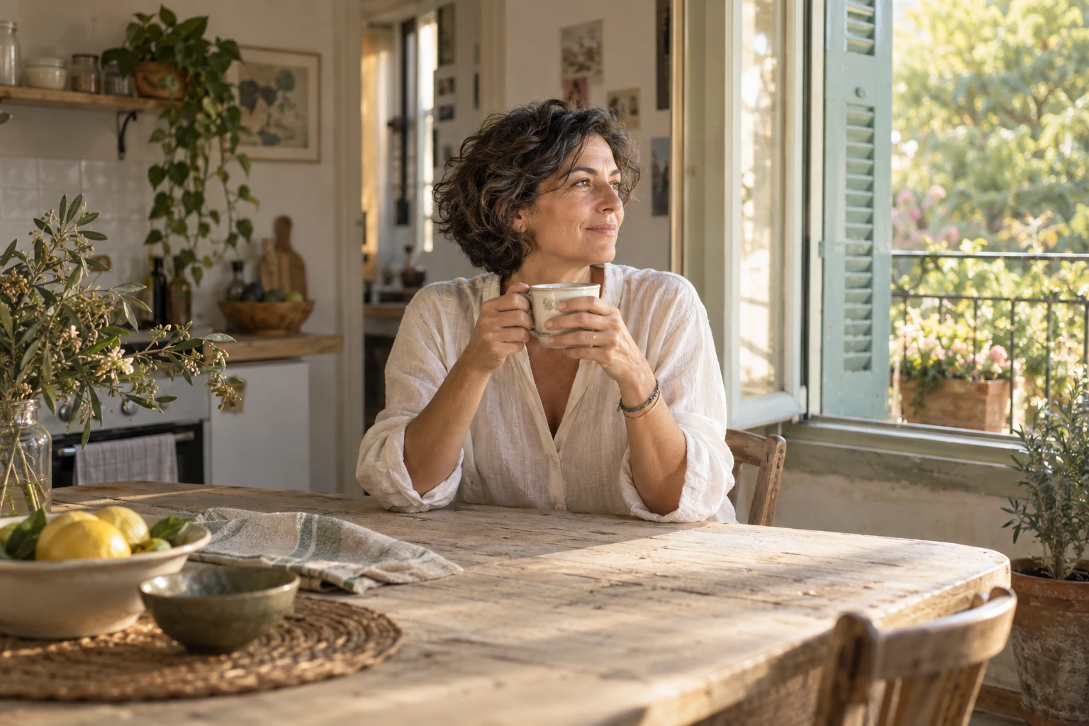 A woman holds a cup beside an open window in soft daylight.