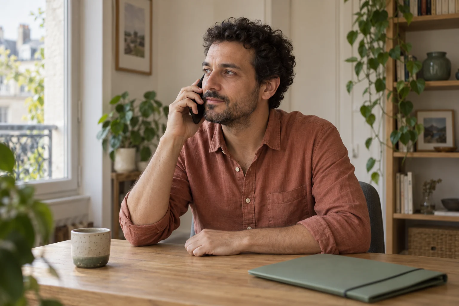 A man makes a phone call beside a window, seated at a table with a closed folder.