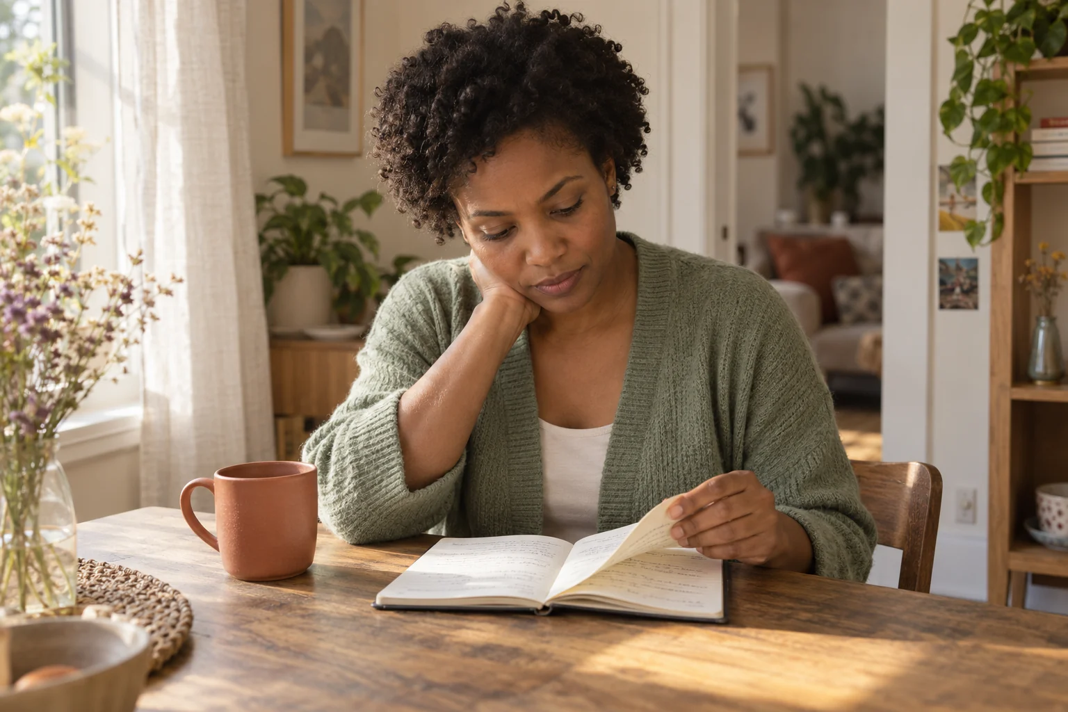 A woman reads through a notebook beside a window in morning light.