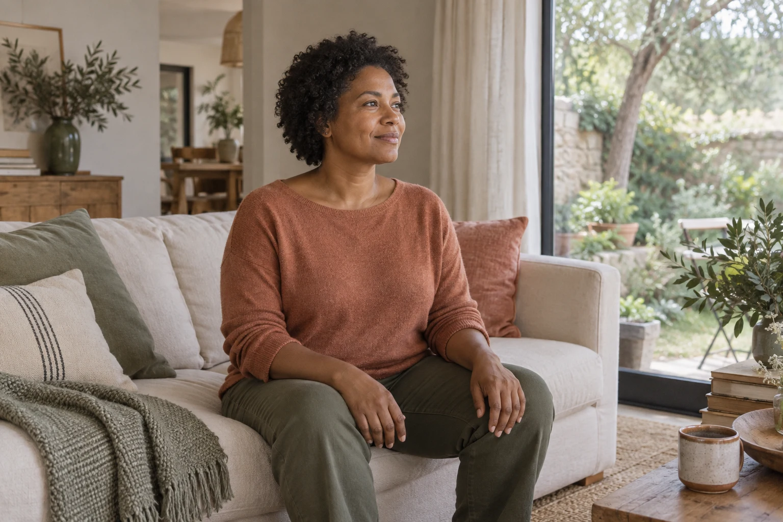 A woman sitting comfortably takes a quiet break beside a window.